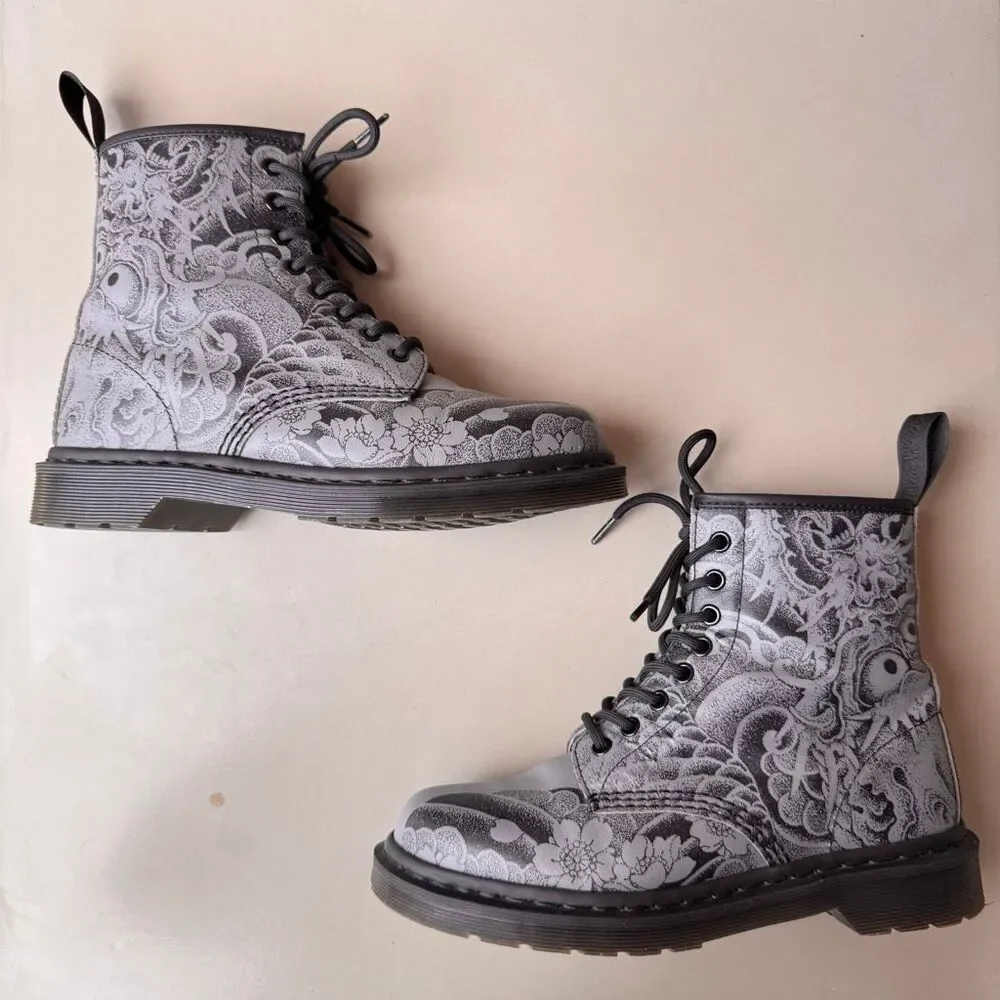 Dr Martens 1460 OT Tattoo Boots Gunmetal Gray Japanese Dragon Womens 8 Lace Up
